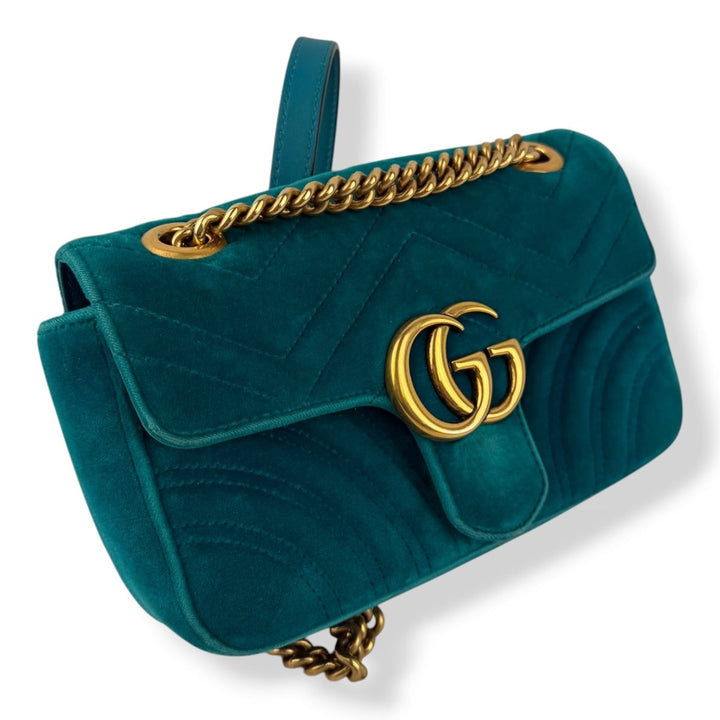 Gucci GG Marmont Flap Teal Velvet Mini Handbag - Lux Central