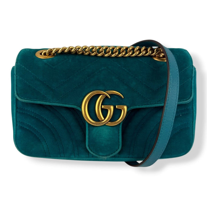 Gucci GG Marmont Flap Teal Velvet Mini Handbag - Lux Central