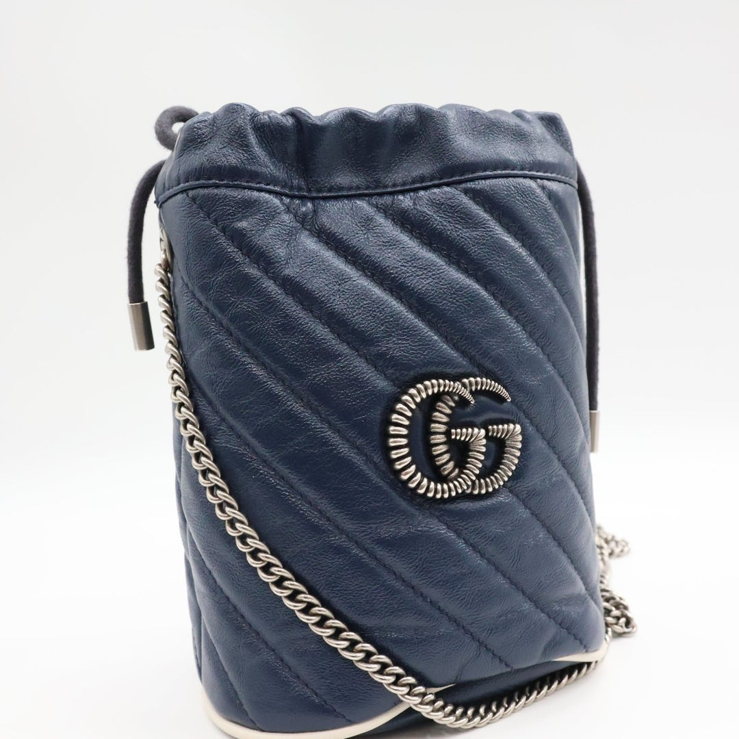 Gucci GG Marmont Navy Leather Mini Bucket Handbag - Lux Central