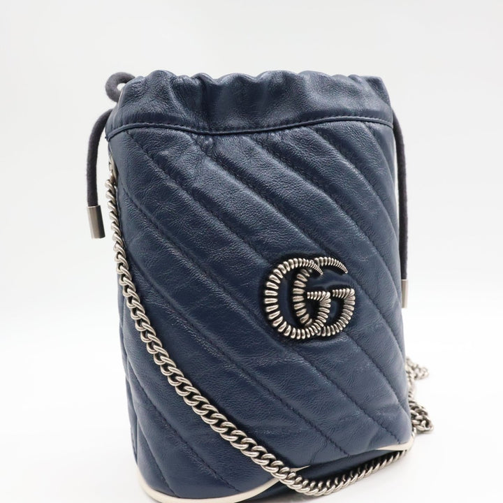 Gucci GG Marmont Navy Leather Mini Bucket Handbag - Lux Central