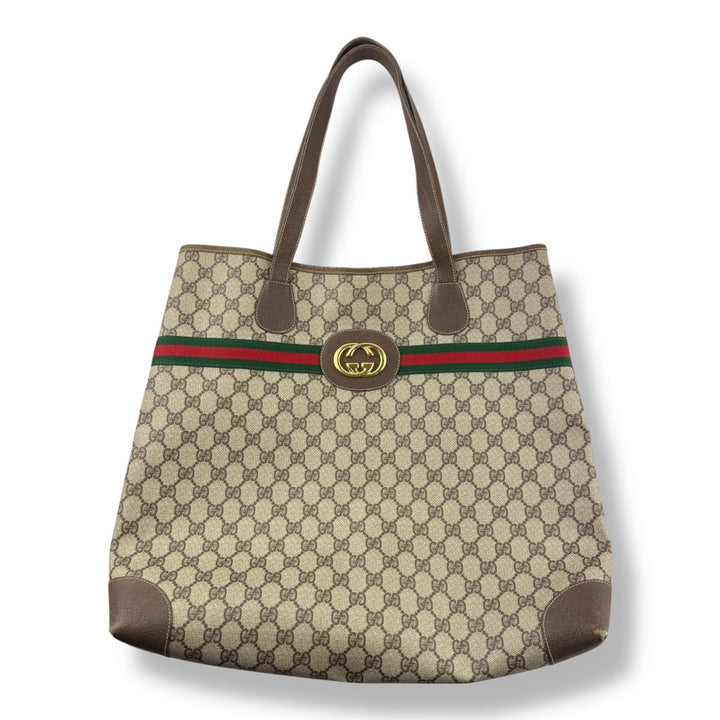 Gucci GG Supreme Beige Green Red Web Sherry Line Tote Handbag - Lux Central