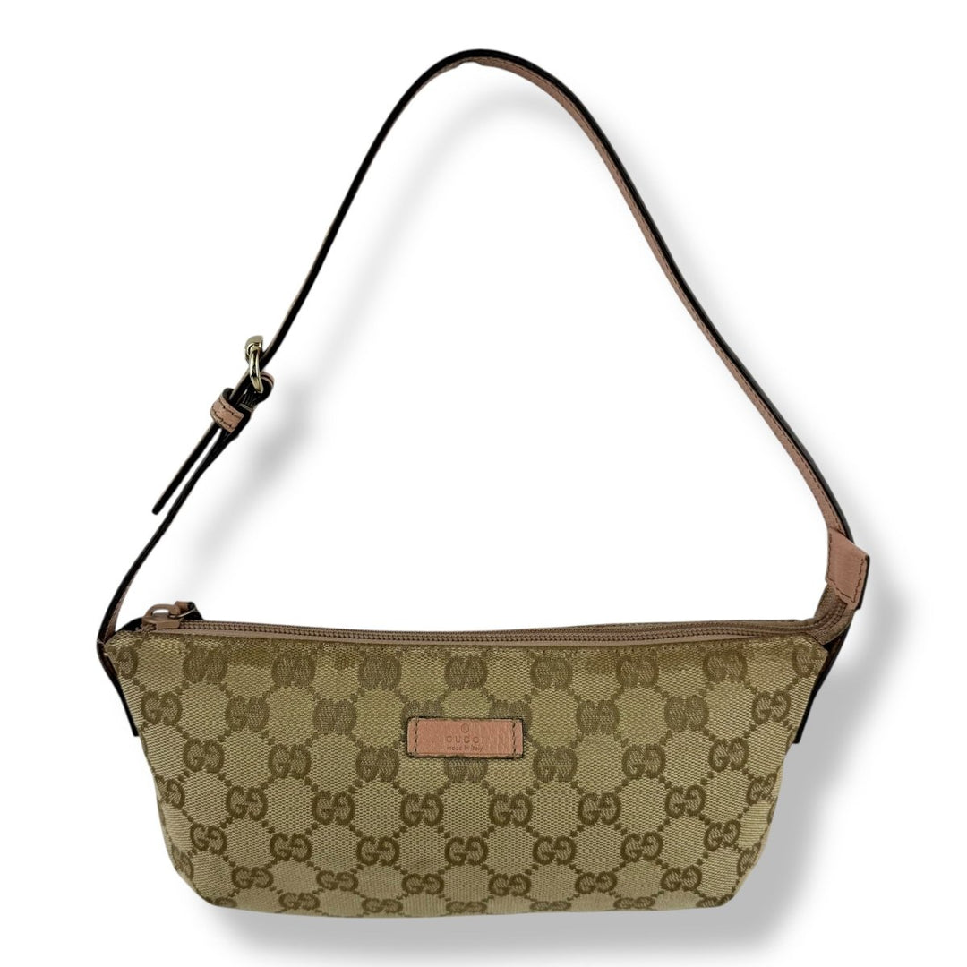 Gucci GG Supreme Beige/Pink Baguette Shoulder Pochette Handbag - Lux Central
