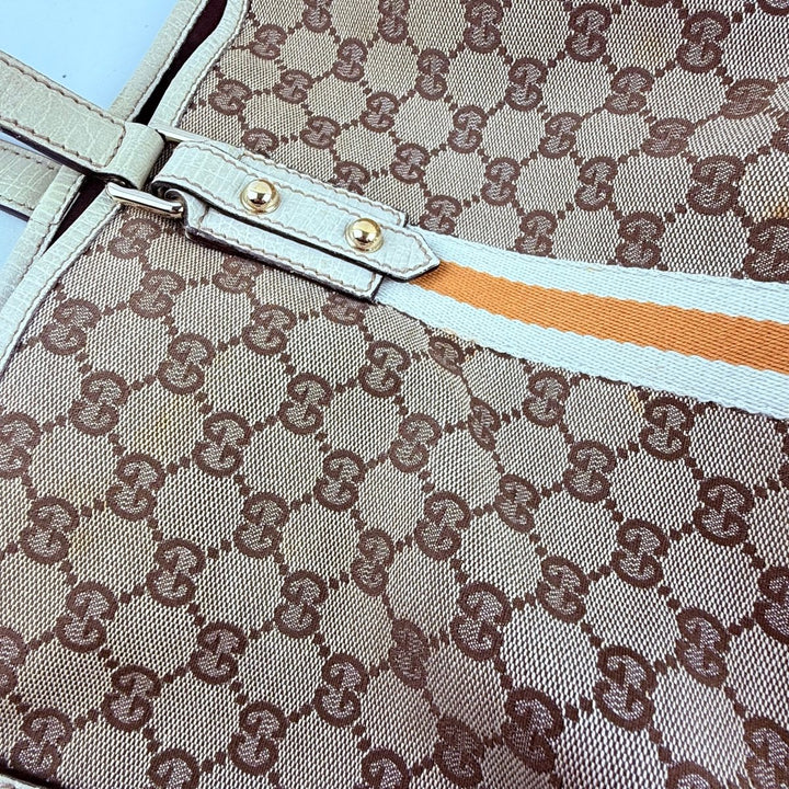 Gucci Jollyco Charm Sherry Line Beige Canvas GG Monogram Tote Handbag - Lux Central