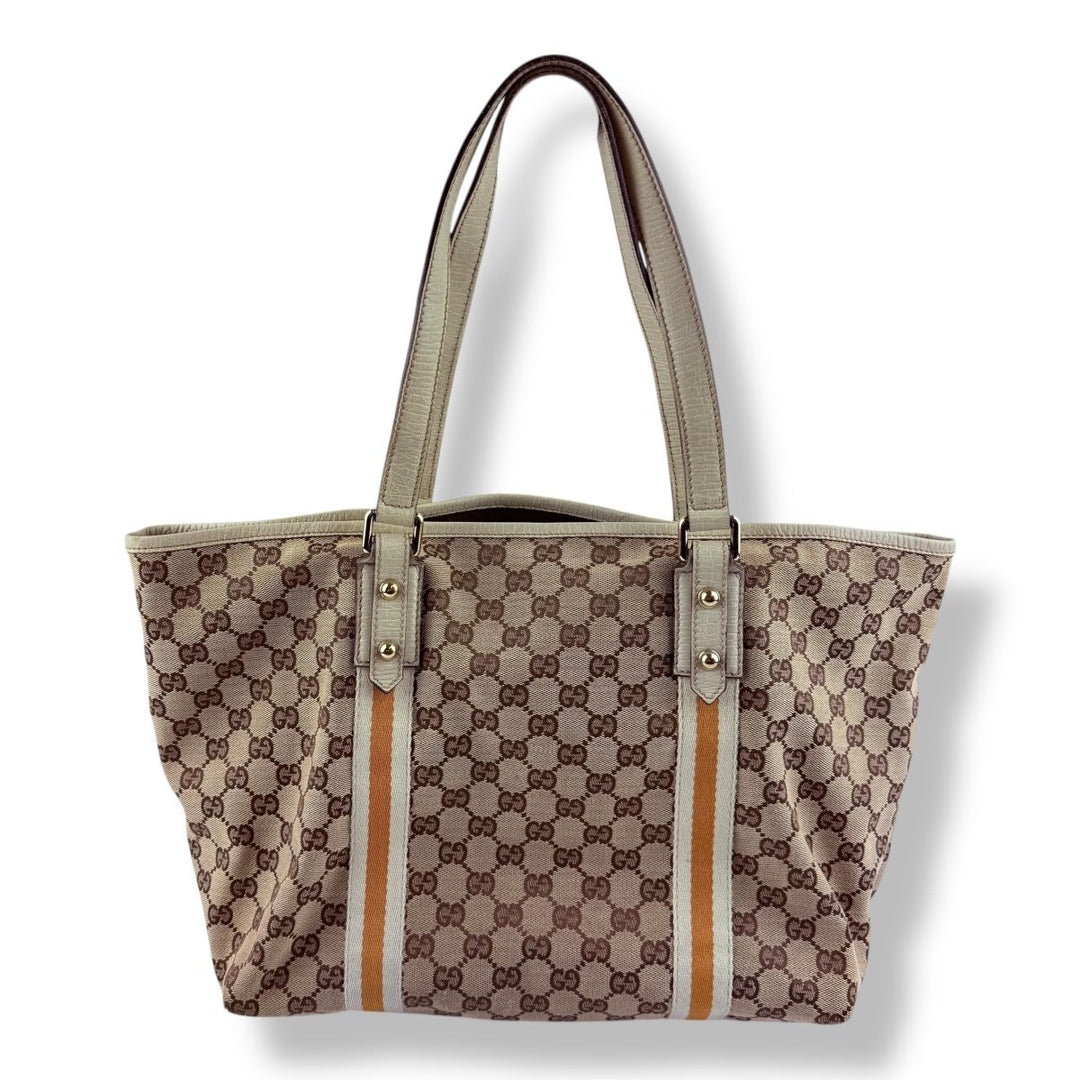 Gucci Jollyco Charm Sherry Line Beige Canvas GG Monogram Tote Handbag - Lux Central