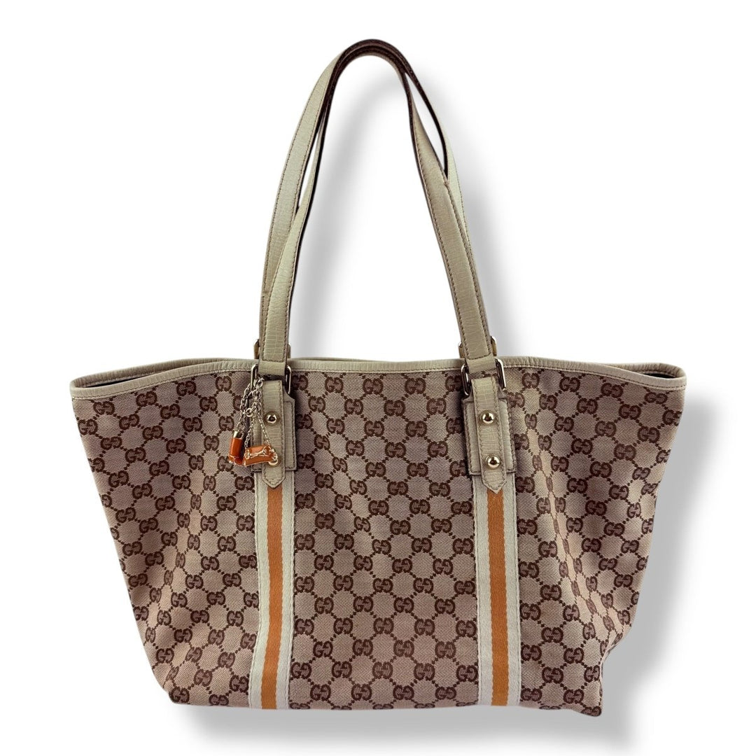 Gucci Jollyco Charm Sherry Line Beige Canvas GG Monogram Tote Handbag - Lux Central