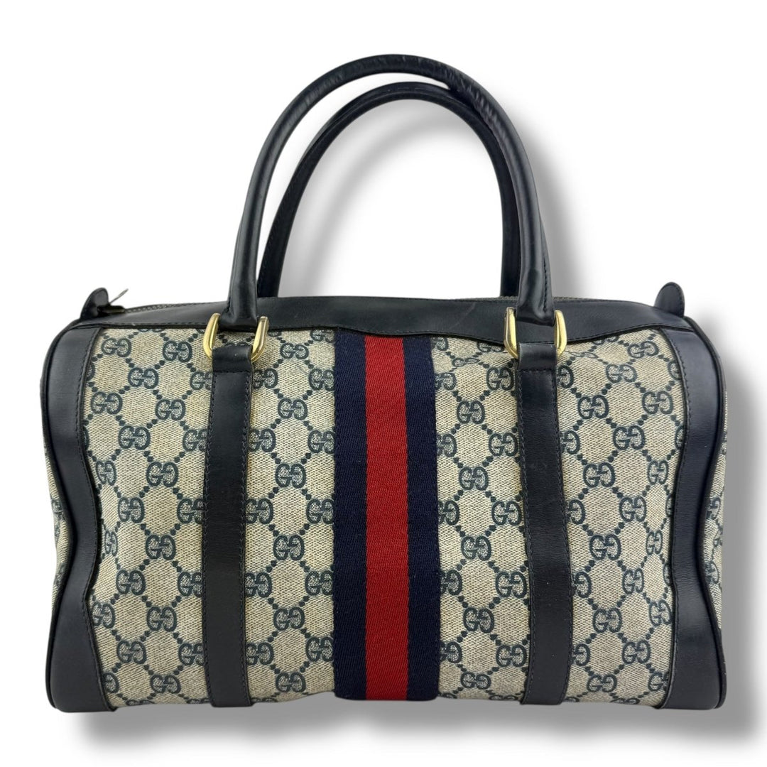 Gucci Navy / Beige GG Monogram Boston Canvas Bag - Lux Central