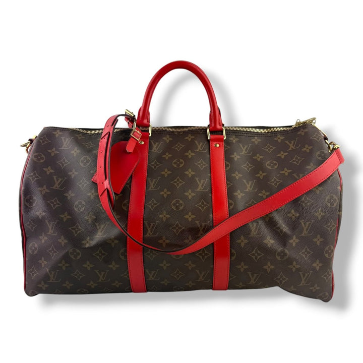 Louis Vuitton Bandouliere Brown Monogram / Red 50 Keepall Duffle Bag - Lux Central