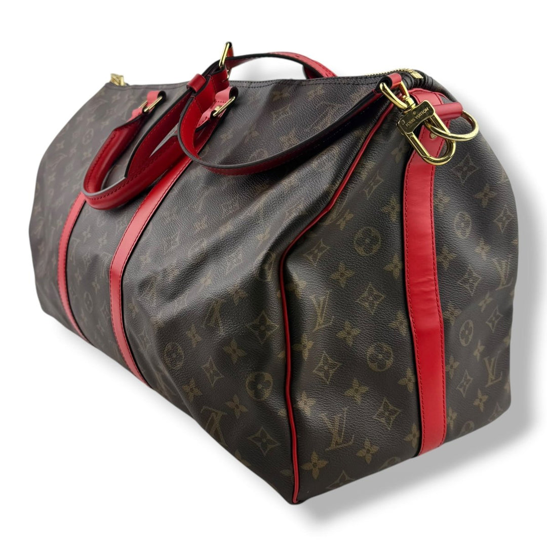 Louis Vuitton Bandouliere Brown Monogram / Red 50 Keepall Duffle Bag - Lux Central