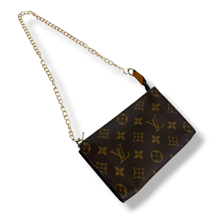 Louis Vuitton Brown Monogram Classic Signature Bucket Pouch W/ Added Chain - Lux Central