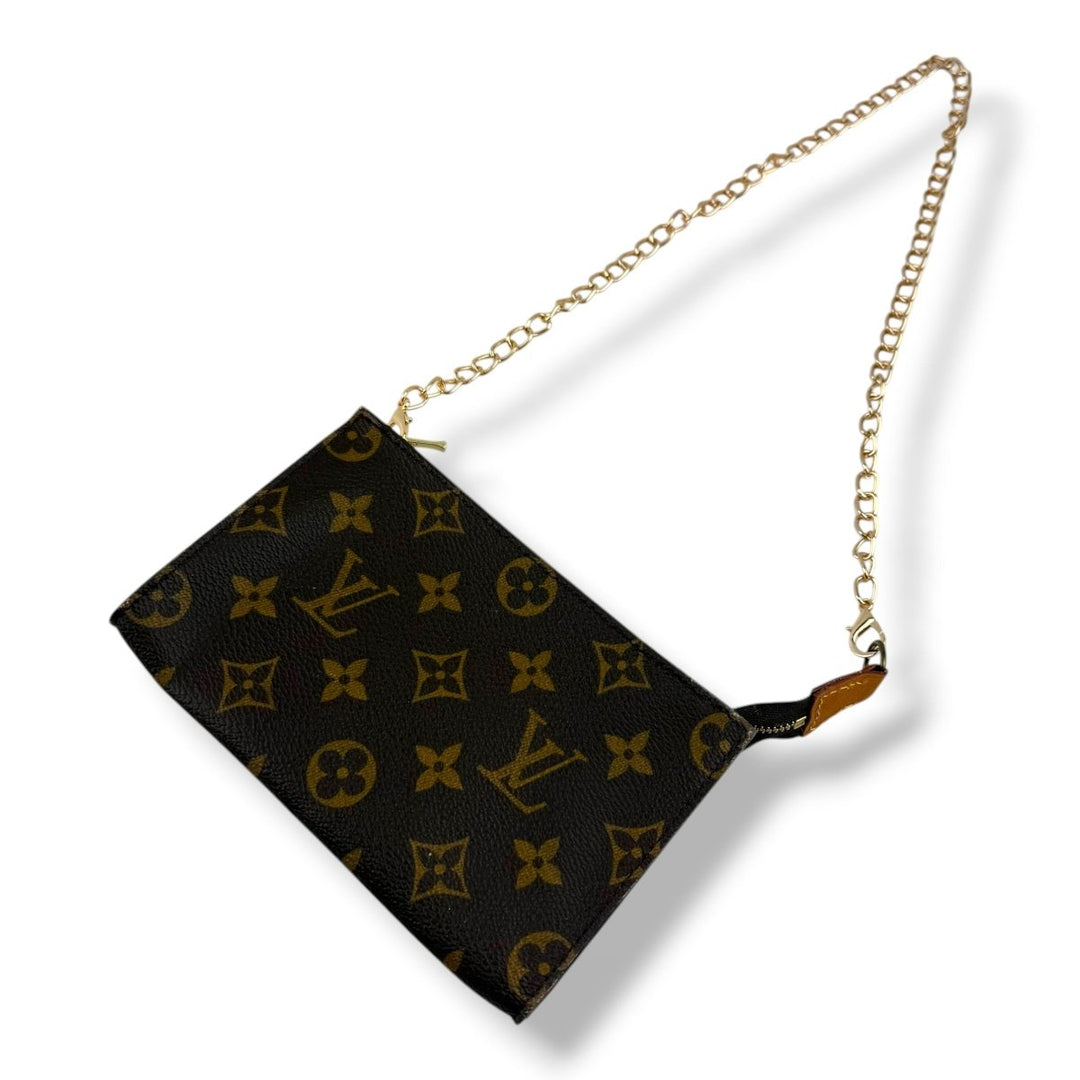 Louis Vuitton Brown Monogram Classic Signature Bucket Pouch W/ Added Chain - Lux Central