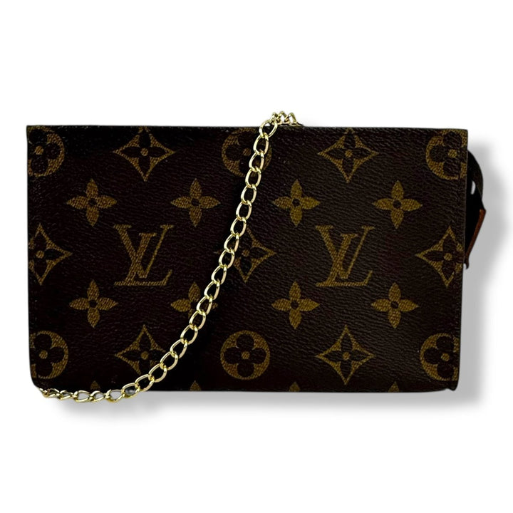 Louis Vuitton Brown Monogram Classic Signature Bucket Pouch W/ Added Chain - Lux Central