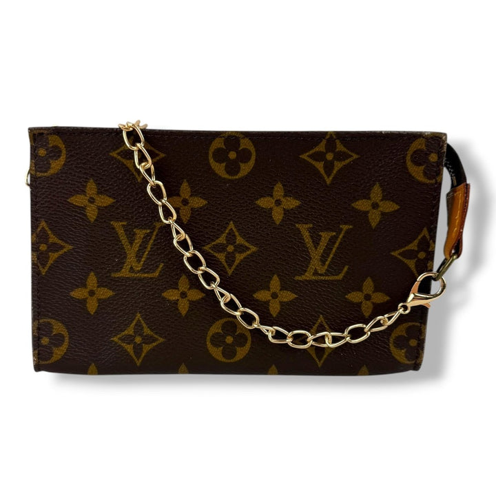 Louis Vuitton Brown Monogram Classic Signature Bucket Pouch W/ Added Chain - Lux Central