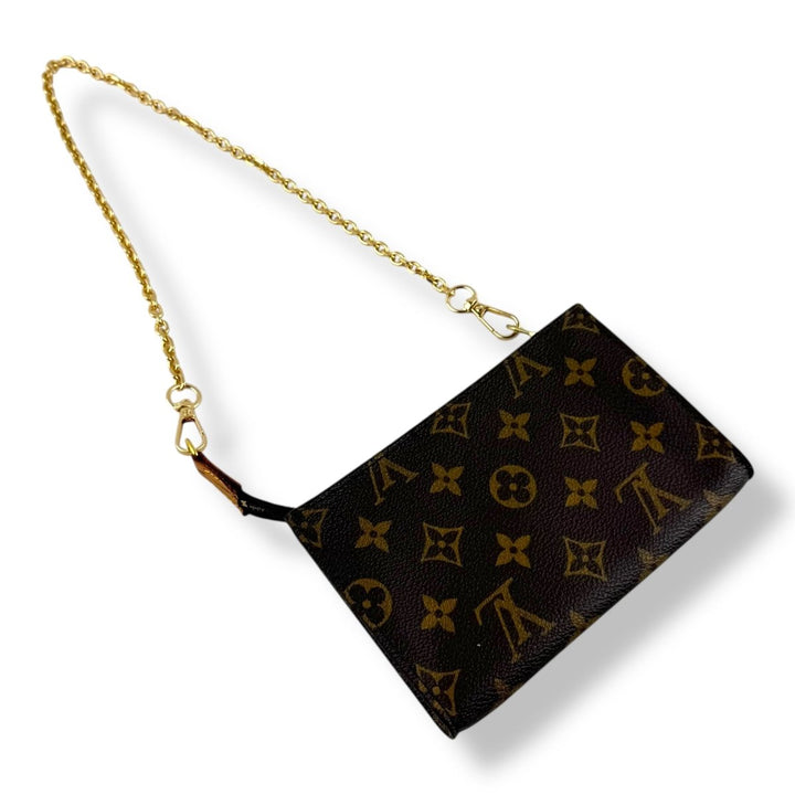 Louis Vuitton Brown Monogram Classic Signature Mini Pouch Bag W/ added chain - Lux Central