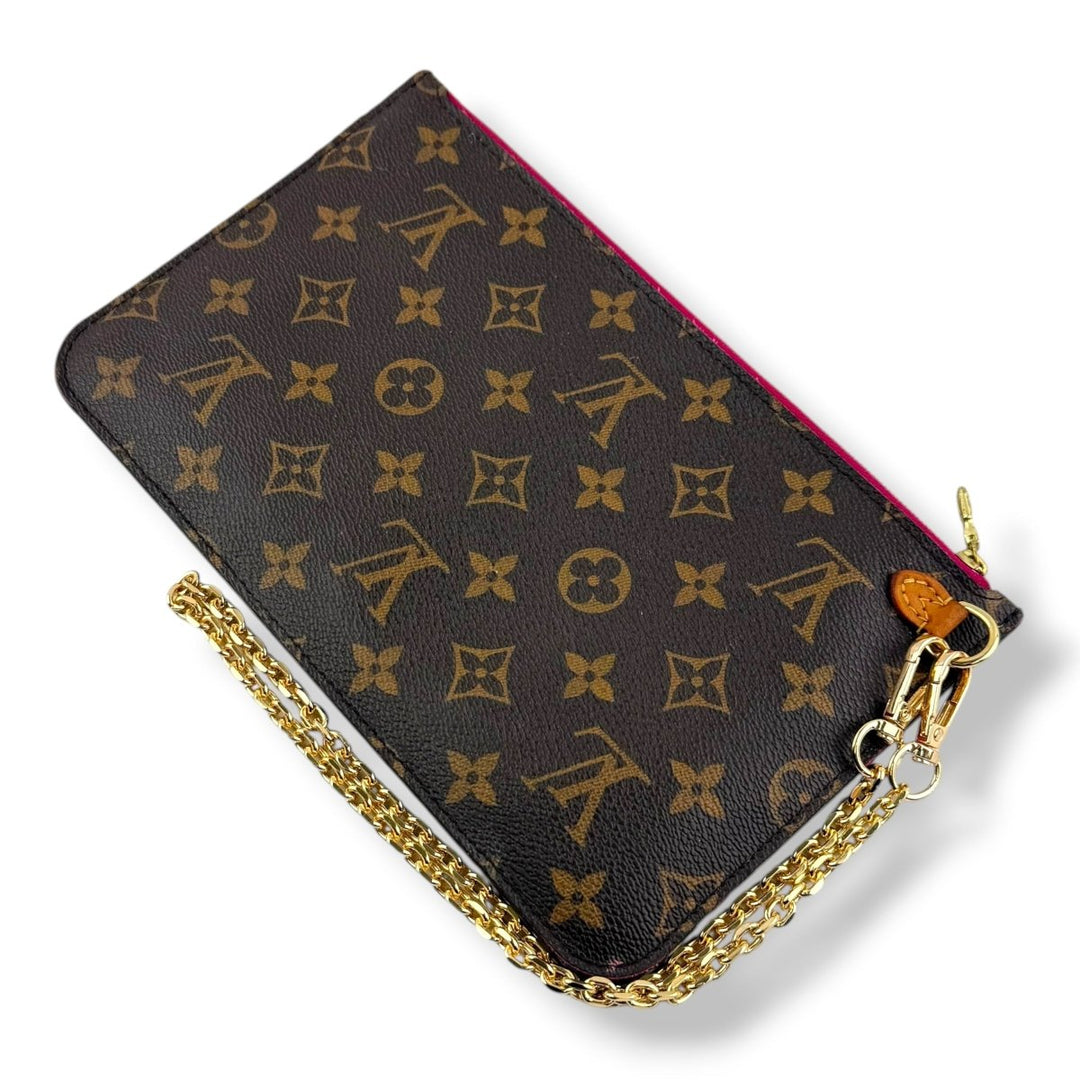 Louis Vuitton Brown Monogram Neverfull Pouch W/ Added Chain - Lux Central
