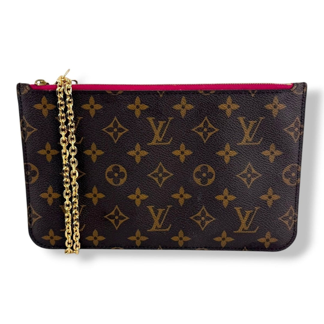 Louis Vuitton Brown Monogram Neverfull Pouch W/ Added Chain - Lux Central