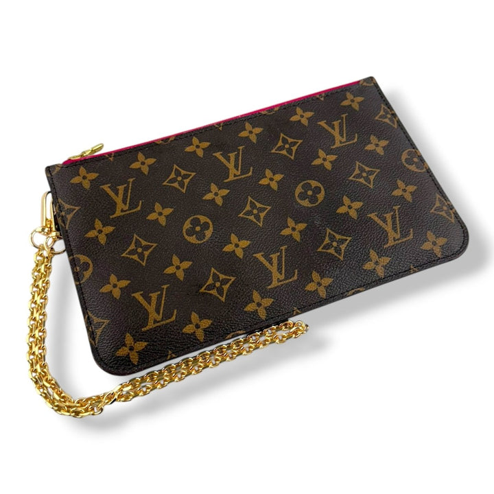 Louis Vuitton Brown Monogram Neverfull Pouch W/ Added Chain - Lux Central