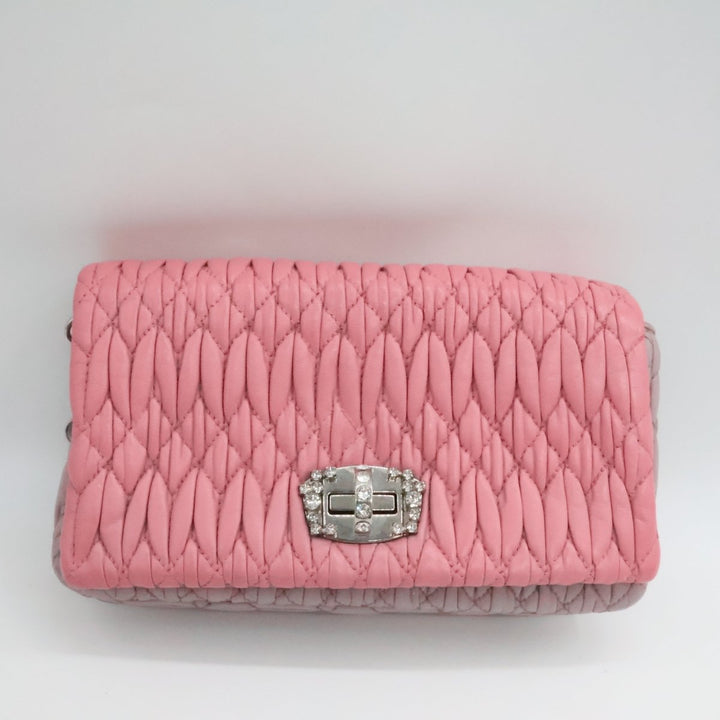 Miu Miu Pink Matelasse Nappa Leather Gem Shoulder Handbag - Lux Central