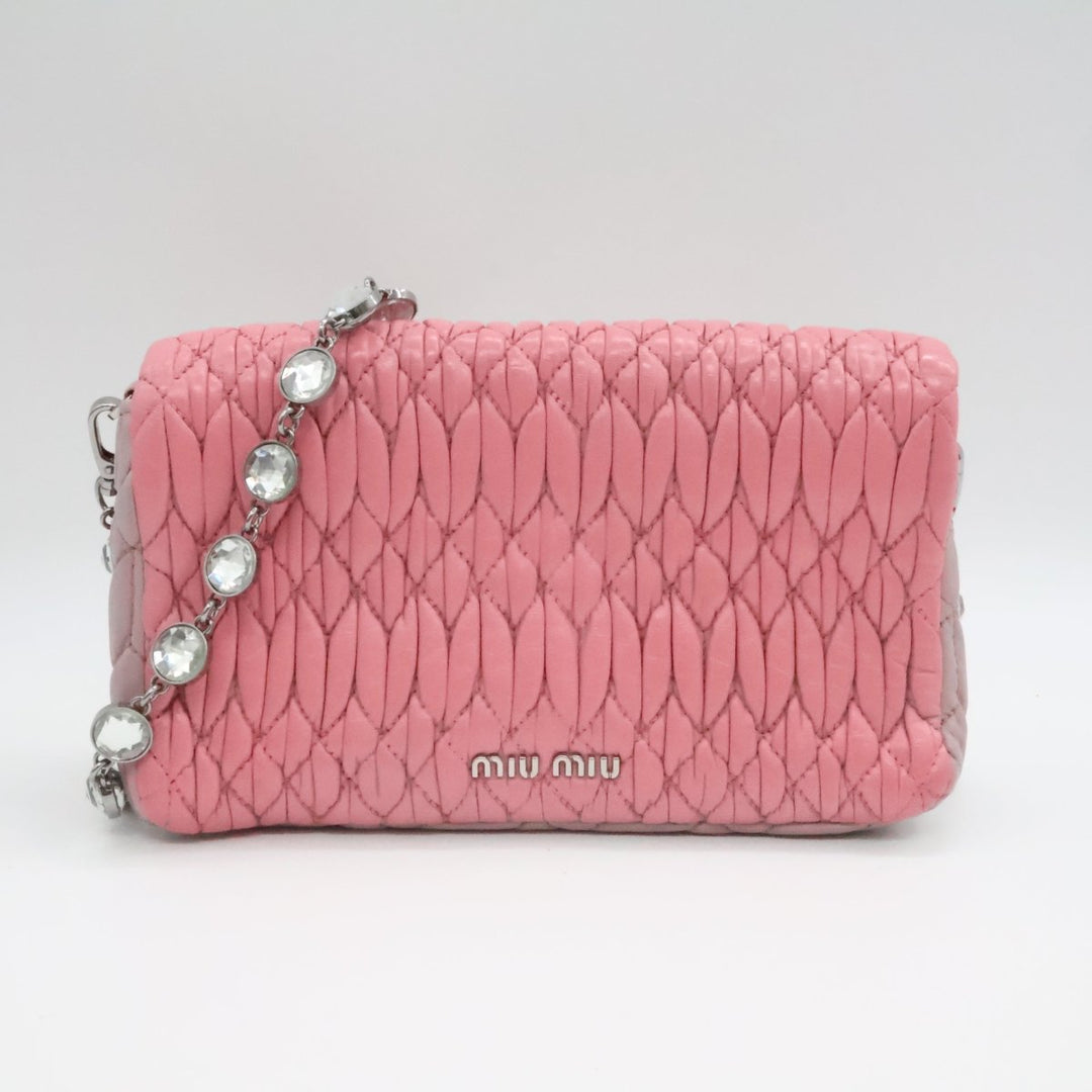 Miu Miu Pink Matelasse Nappa Leather Gem Shoulder Handbag - Lux Central