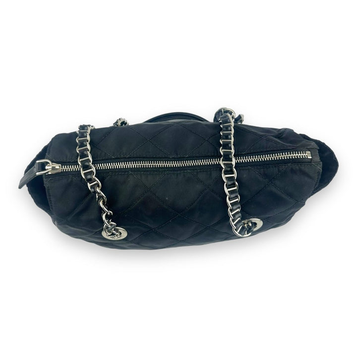 Prada Black Quilted Tessuto Chain Tote Handbag - Lux Central