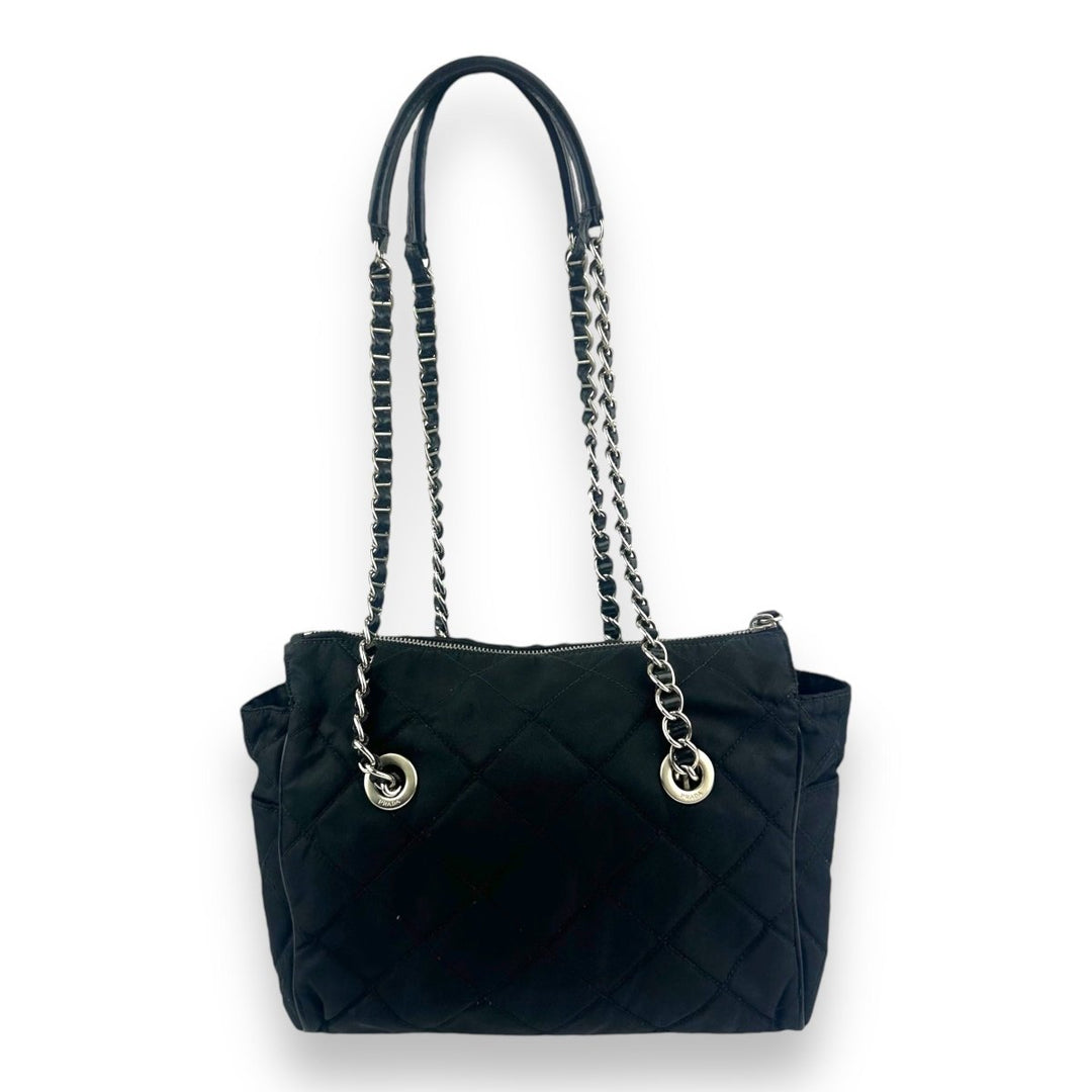 Prada Black Quilted Tessuto Chain Tote Handbag - Lux Central