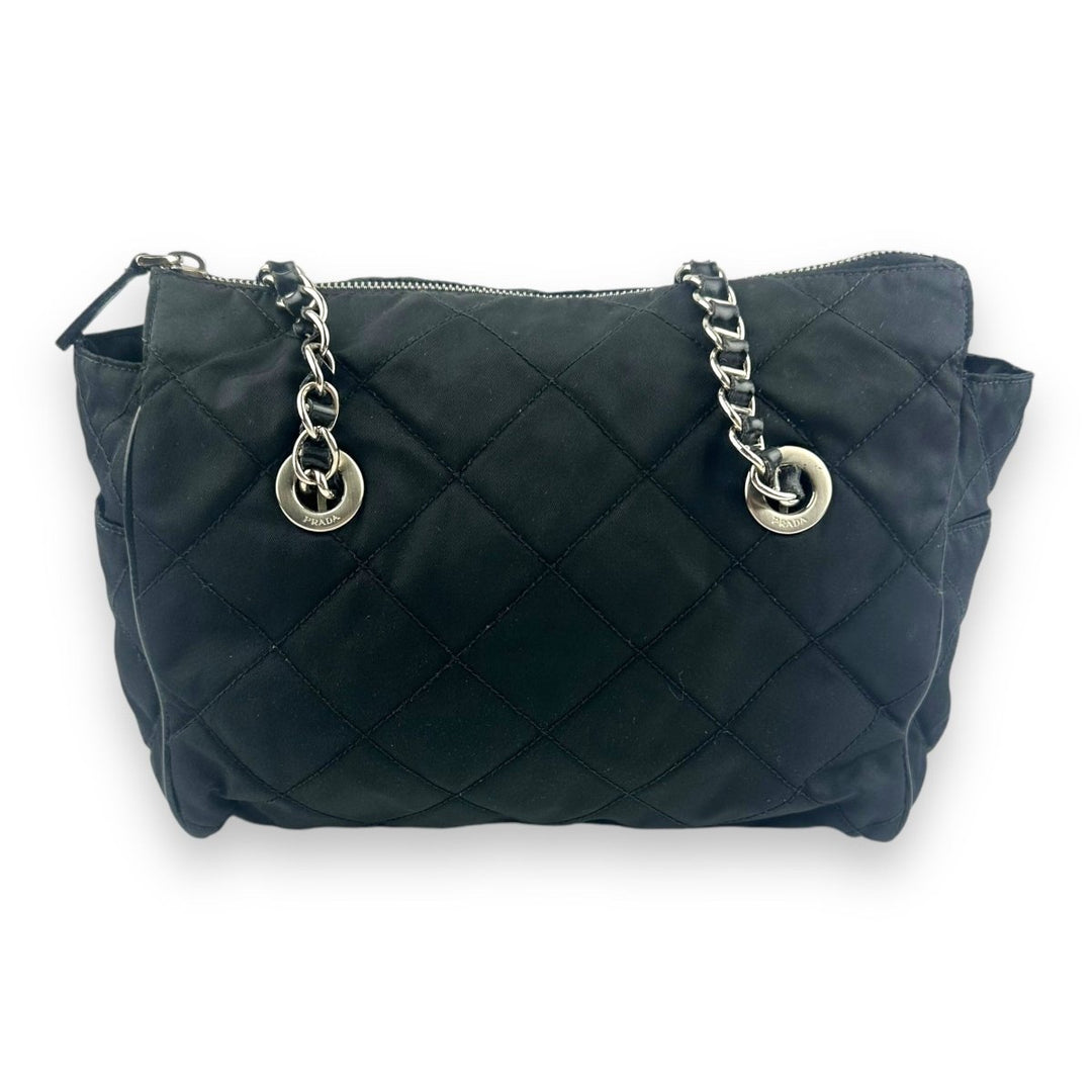 Prada Black Quilted Tessuto Chain Tote Handbag - Lux Central