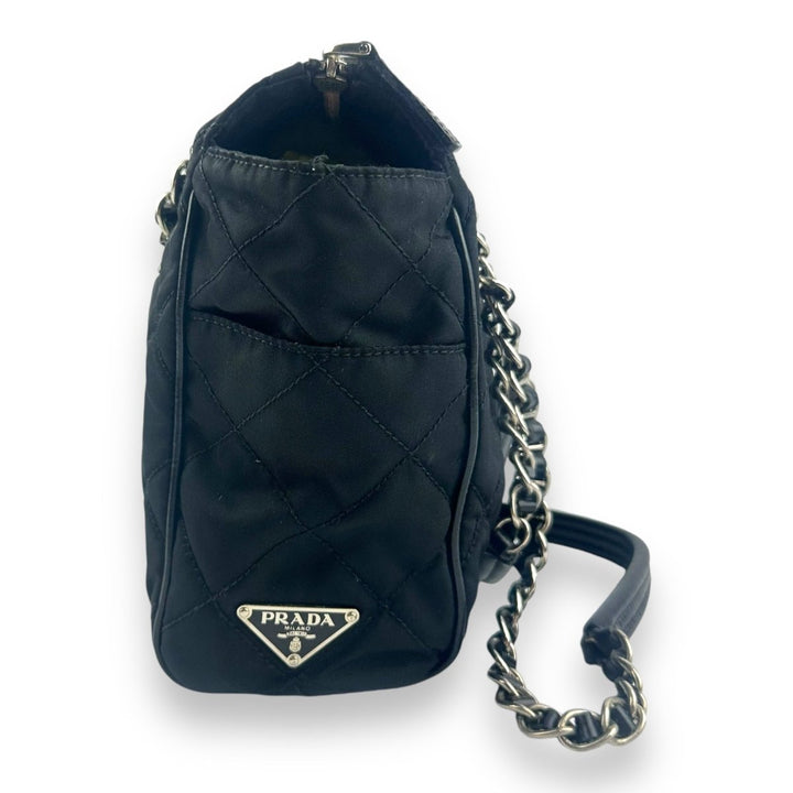 Prada Black Quilted Tessuto Chain Tote Handbag - Lux Central