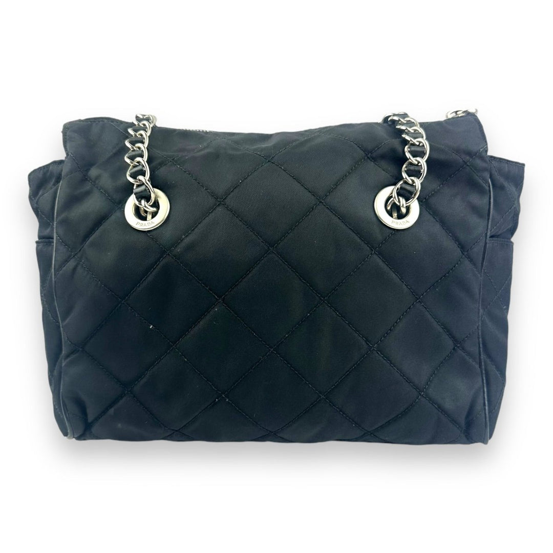 Prada Black Quilted Tessuto Chain Tote Handbag - Lux Central