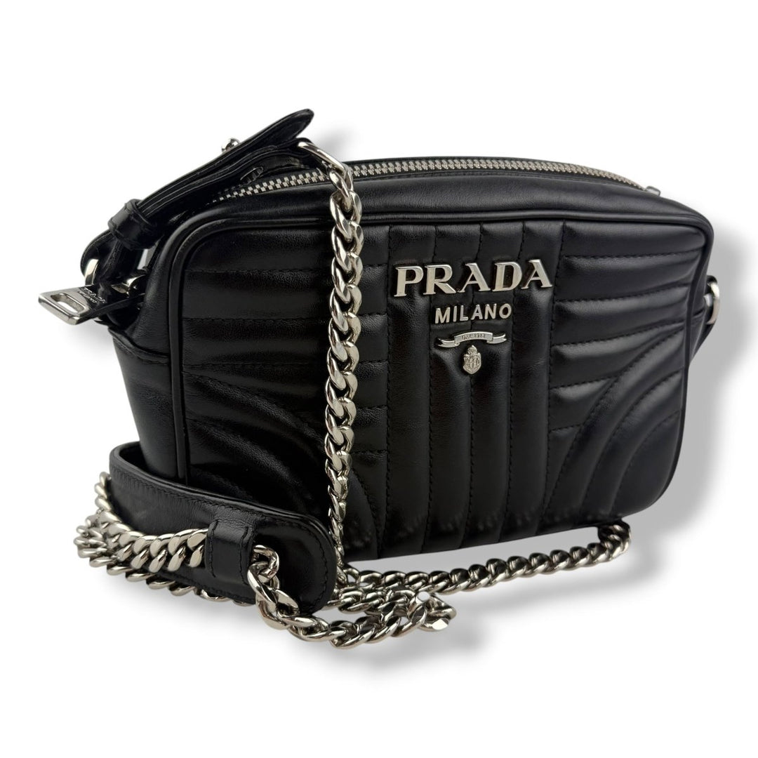 Prada Diagramme Black Calfskin Leather Camera Crossbody Handbag - Lux Central