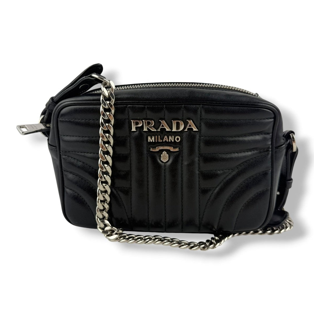 Prada Diagramme Black Calfskin Leather Camera Crossbody Handbag - Lux Central