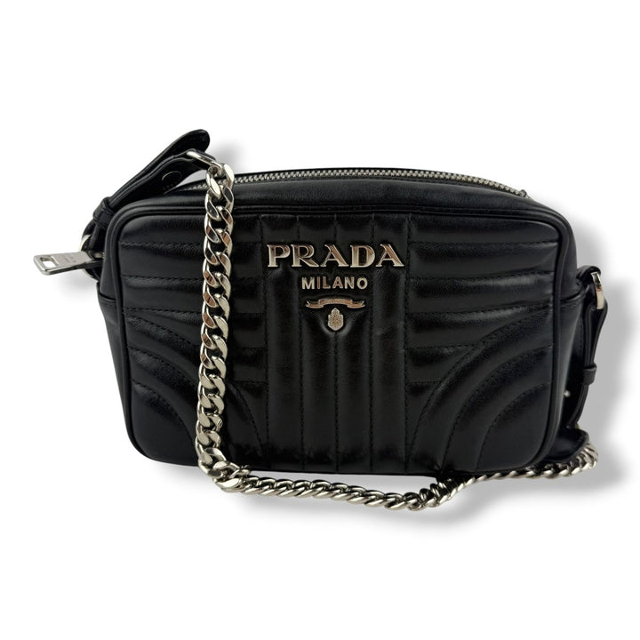 Prada Diagramme Black Calfskin Leather Camera Crossbody Handbag - Lux Central