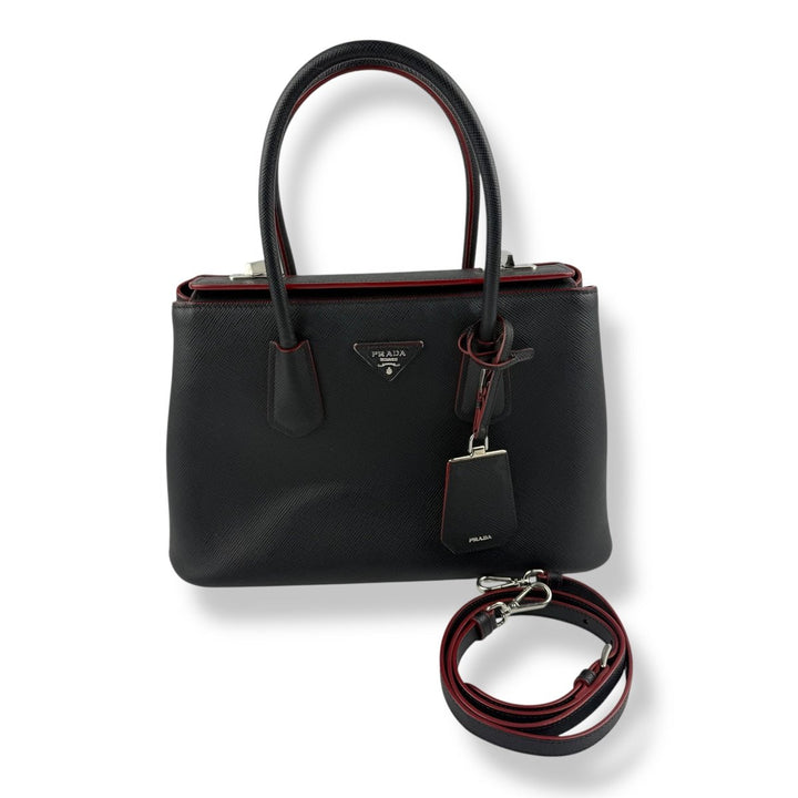 Prada Double Tote Saffiano Black/Red Large Nappa Leather Tote Handbag - Lux Central