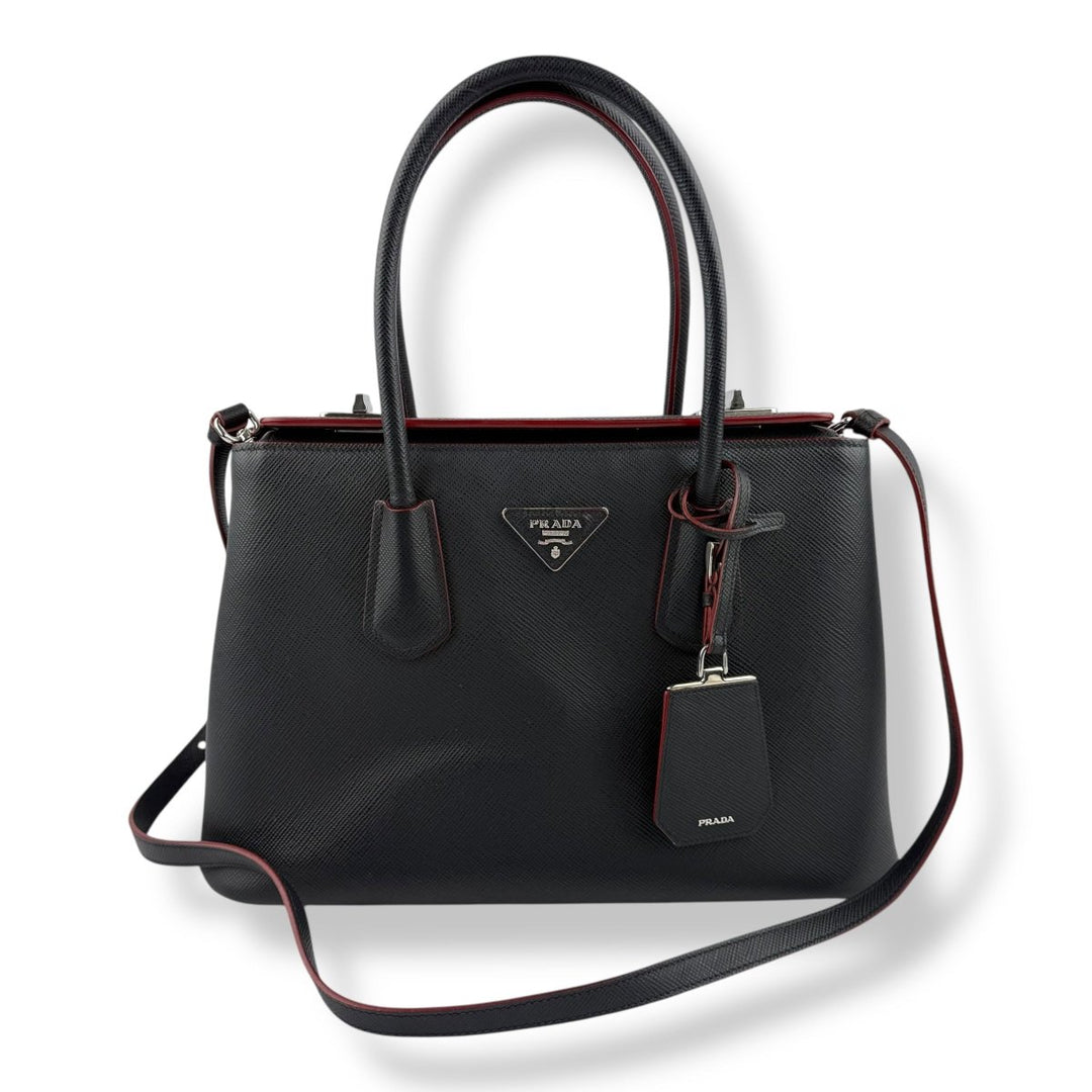 Prada Double Tote Saffiano Black/Red Large Nappa Leather Tote Handbag - Lux Central