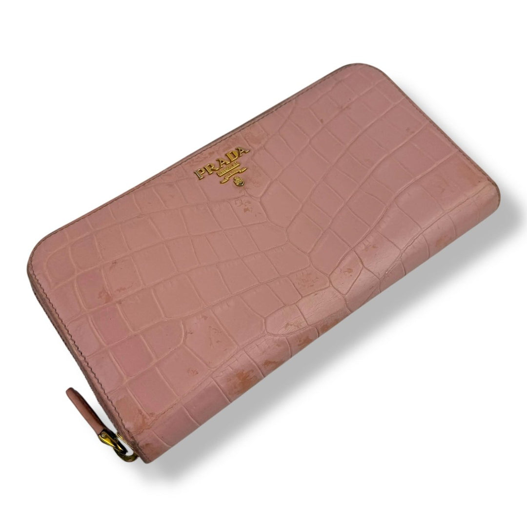 Prada Long Pink Croc Embossed Zip Around Wallet - Lux Central
