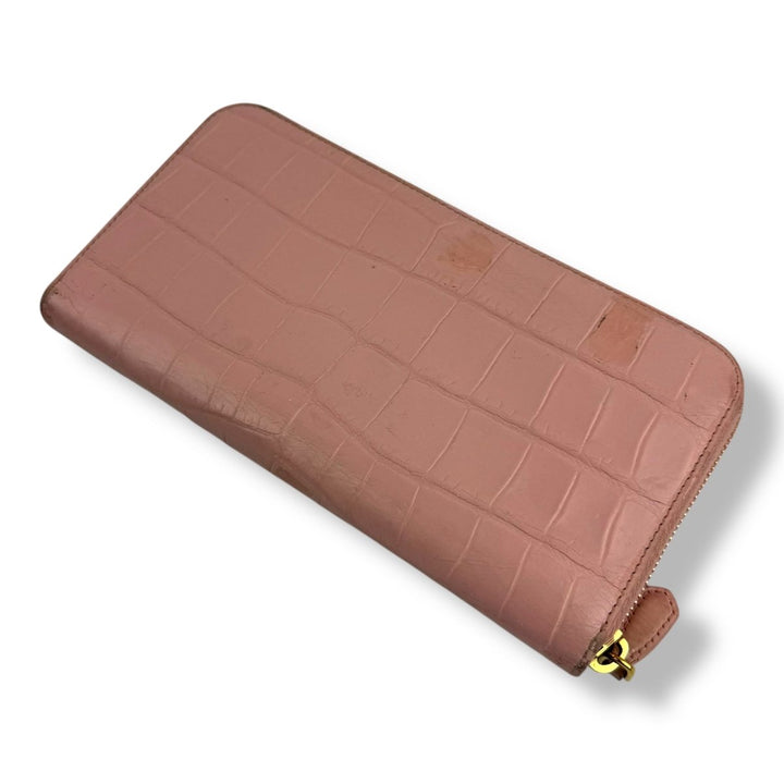 Prada Long Pink Croc Embossed Zip Around Wallet - Lux Central