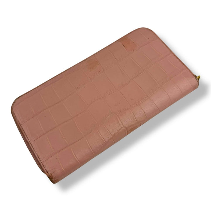 Prada Long Pink Croc Embossed Zip Around Wallet - Lux Central