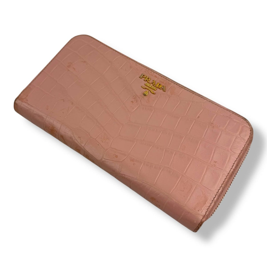 Prada Long Pink Croc Embossed Zip Around Wallet - Lux Central