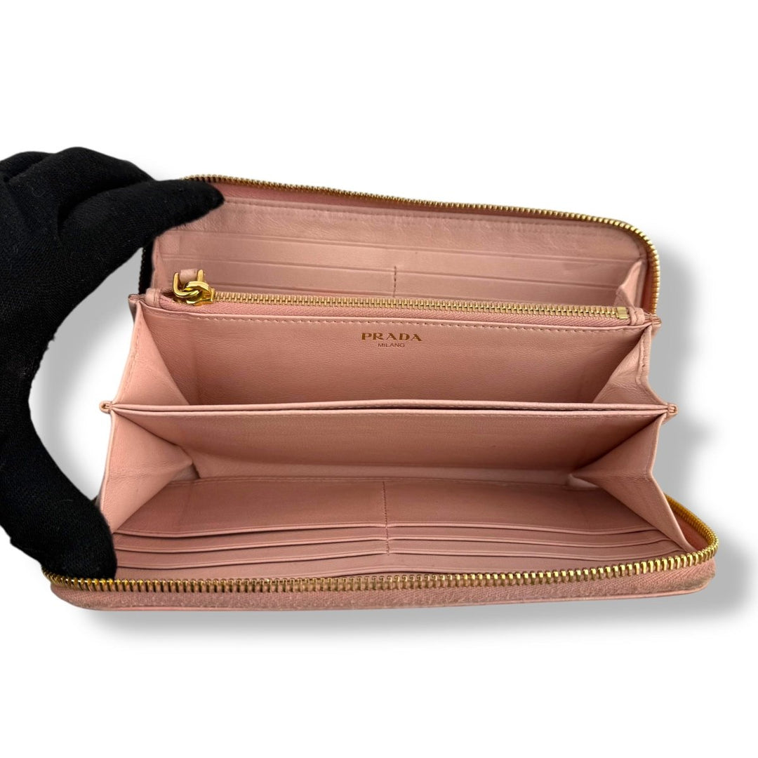 Prada Long Pink Croc Embossed Zip Around Wallet - Lux Central