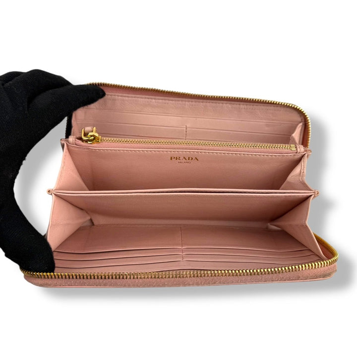 Prada Long Pink Croc Embossed Zip Around Wallet - Lux Central
