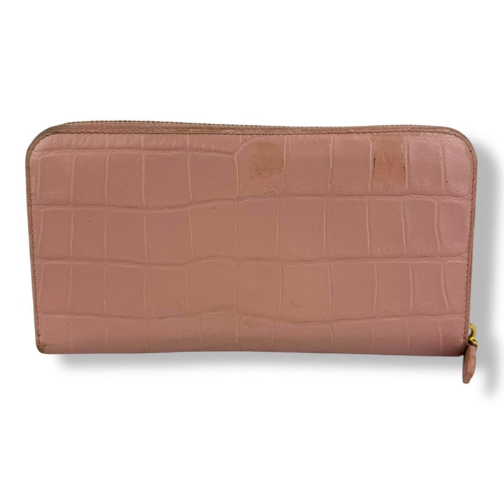 Prada Long Pink Croc Embossed Zip Around Wallet - Lux Central