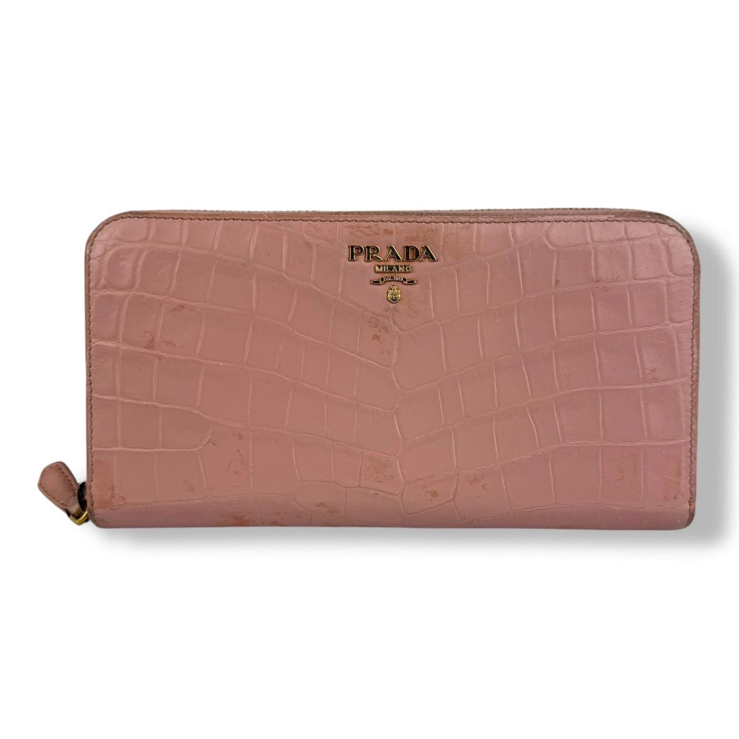 Prada Long Pink Croc Embossed Zip Around Wallet - Lux Central