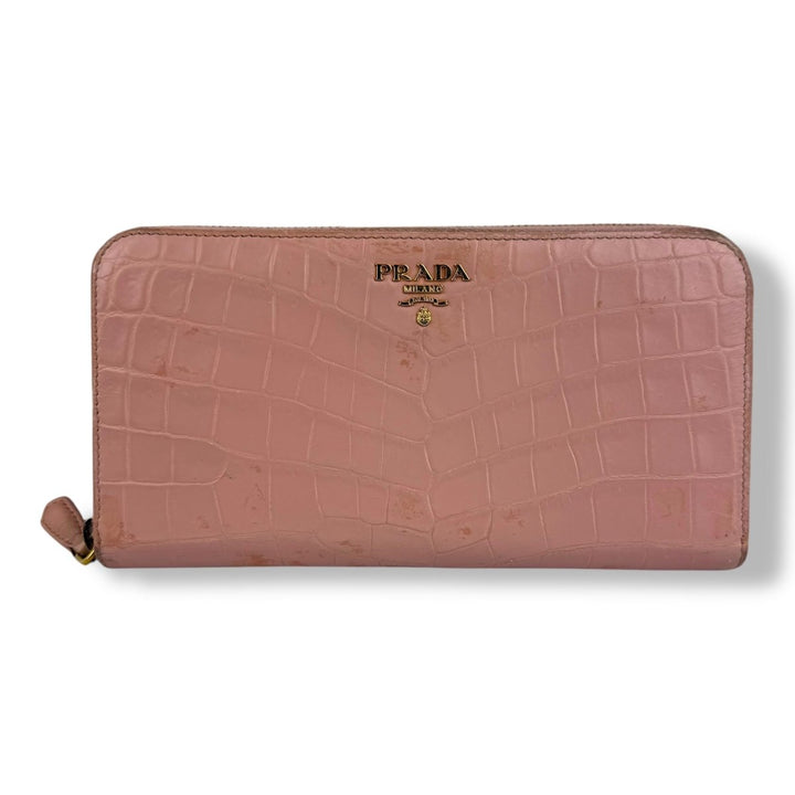 Prada Long Pink Croc Embossed Zip Around Wallet - Lux Central