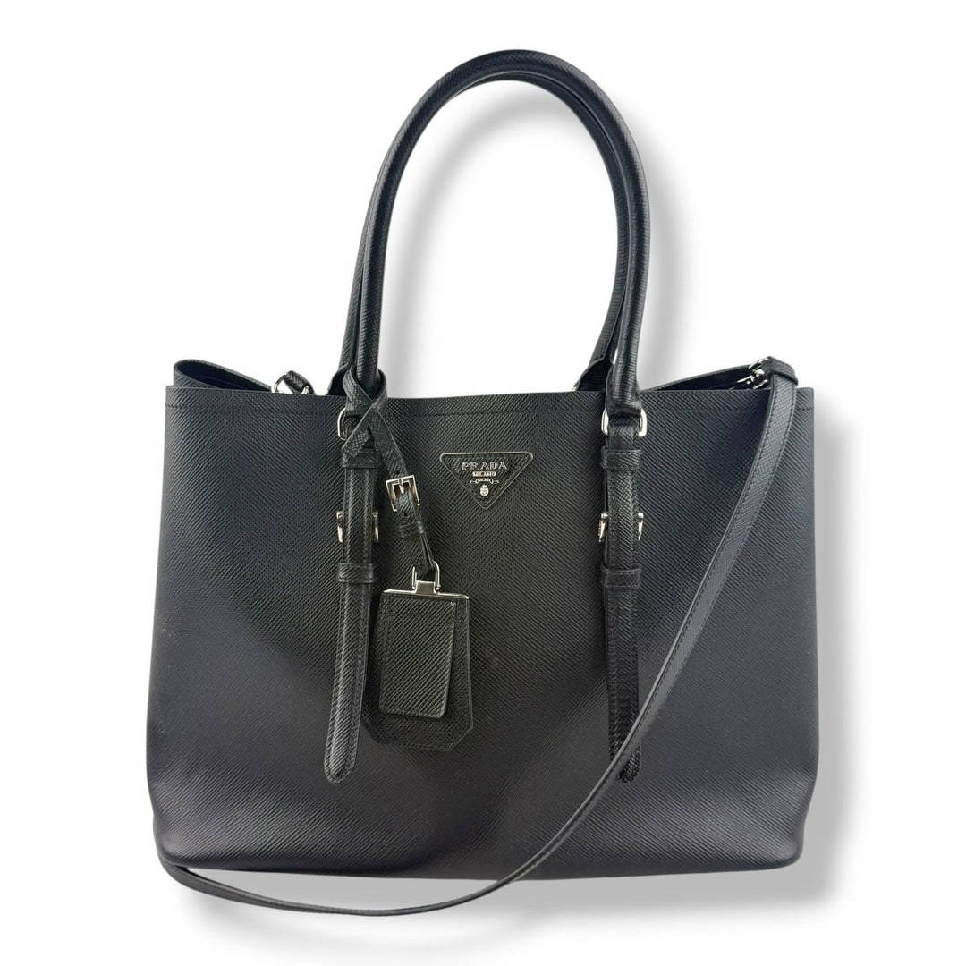 Prada Medium Double Tote Black Medium Leather Tote Handbag - Lux Central