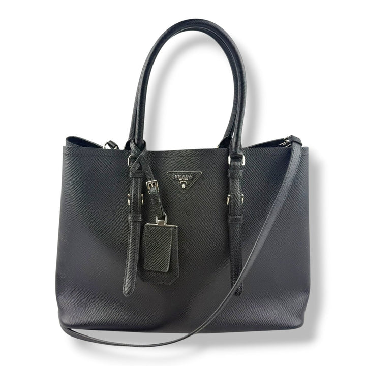 Prada Medium Double Tote Black Medium Leather Tote Handbag - Lux Central