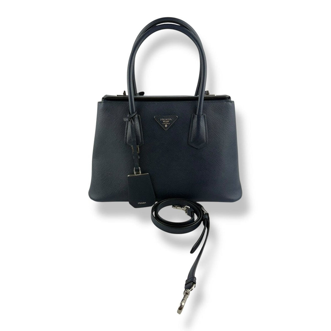 Prada Medium Double Tote Saffiano Navy Medium Leather Tote Handbag - Lux Central