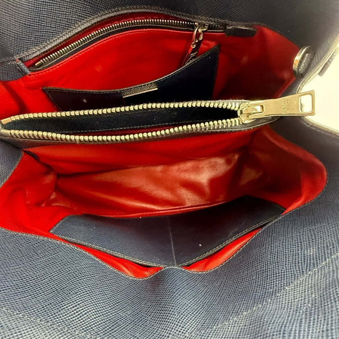 Prada Medium Double Tote Saffiano Navy Medium Leather Tote Handbag - Lux Central