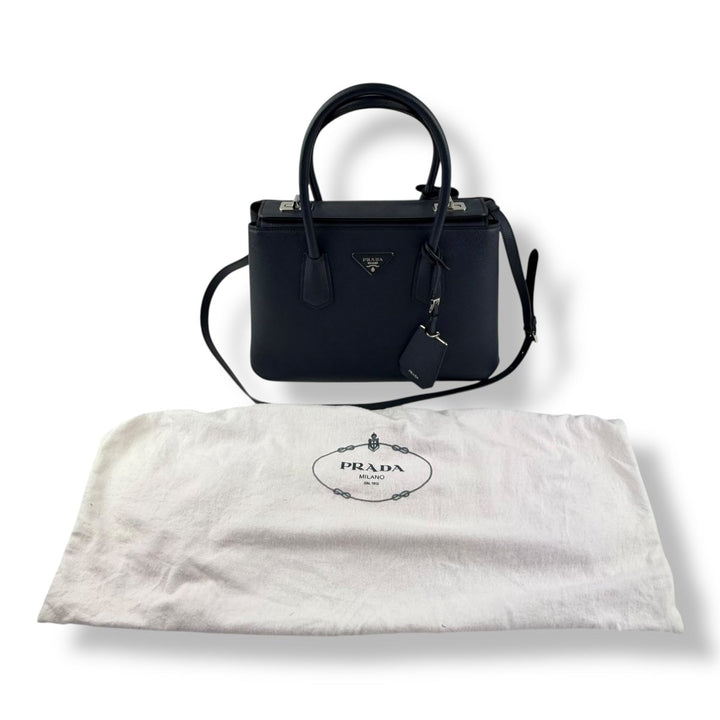 Prada Medium Double Tote Saffiano Navy Medium Leather Tote Handbag - Lux Central