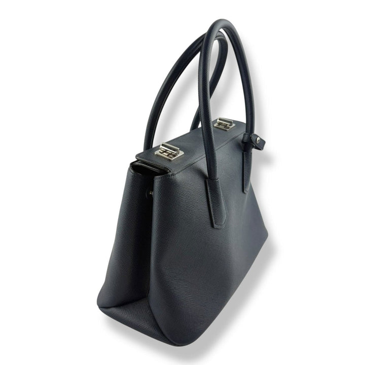 Prada Medium Double Tote Saffiano Navy Medium Leather Tote Handbag - Lux Central