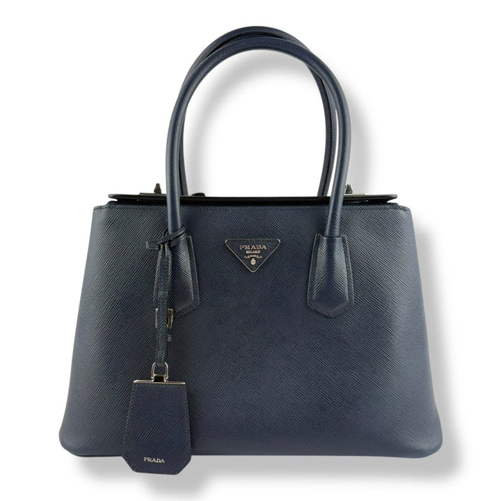 Prada Medium Double Tote Saffiano Navy Medium Leather Tote Handbag - Lux Central