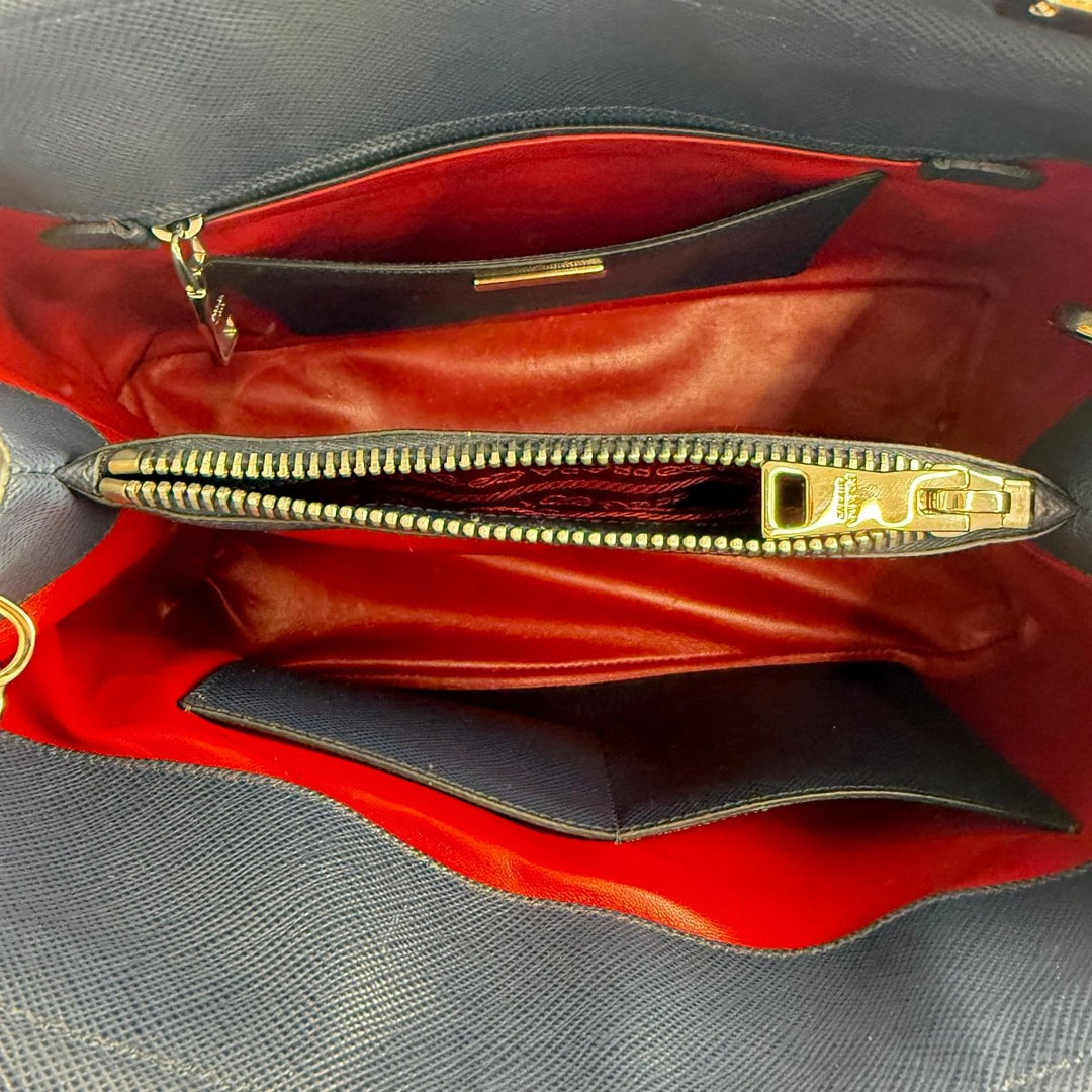 Prada Medium Double Tote Saffiano Navy Medium Leather Tote Handbag - Lux Central
