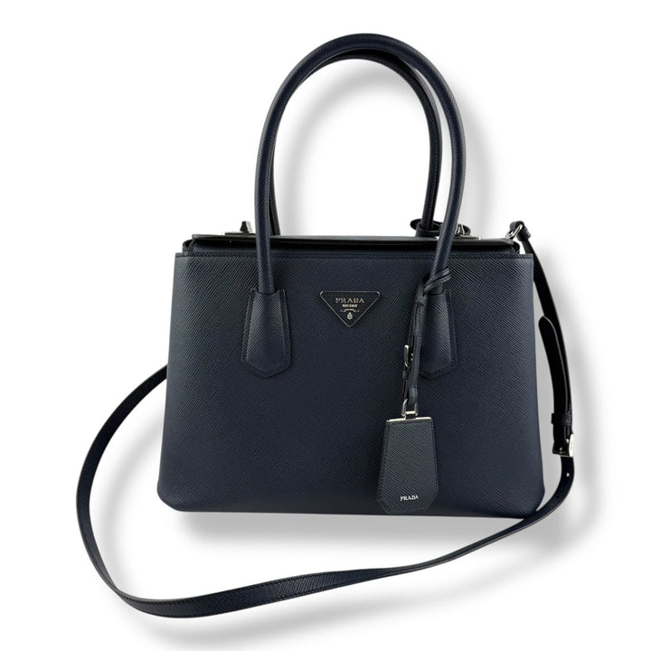 Prada Medium Double Tote Saffiano Navy Medium Leather Tote Handbag - Lux Central